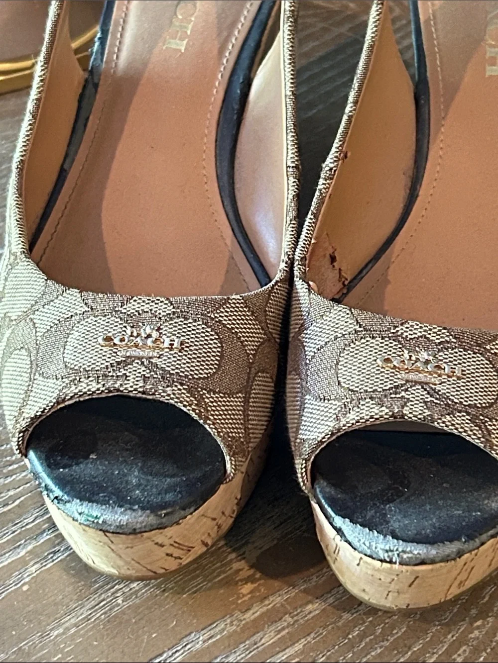 Coach Tan Signature Canvas Peep-Toe Slingback Wedge Espadrille Sandals 8